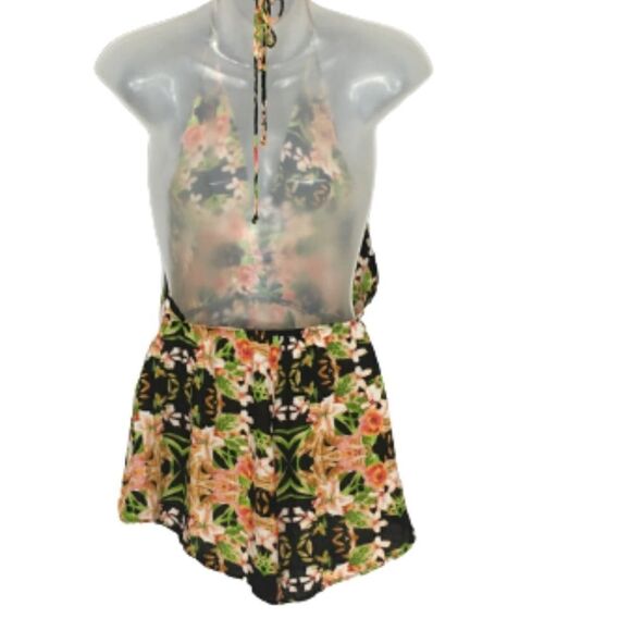 Solemio Black Floral Halter Romper Size S - Picture 2 of 3